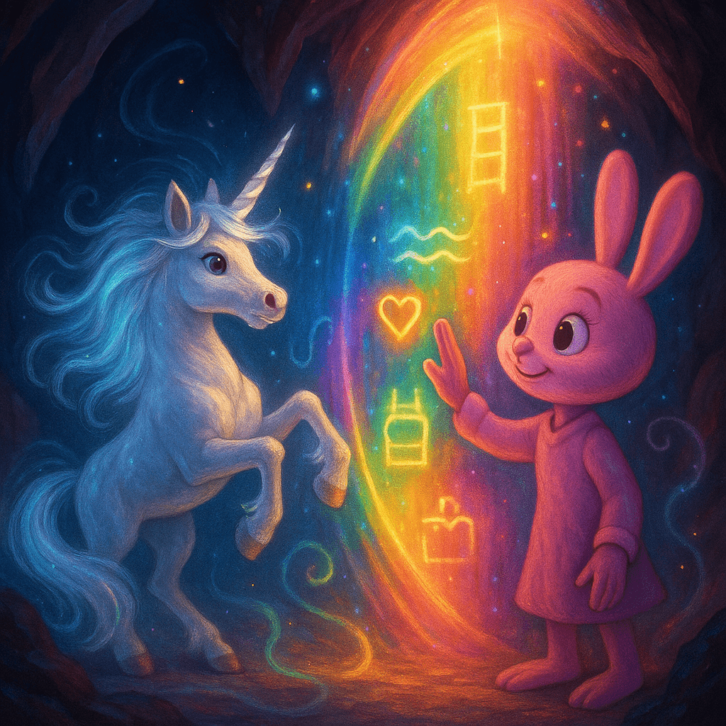 At the cavern’s heart, a barrier of shimmering light arched from floor to ceiling—inside, Sparkle, her unicorn friend, pawed at the air, her silvery mane rippling with trapped magic.