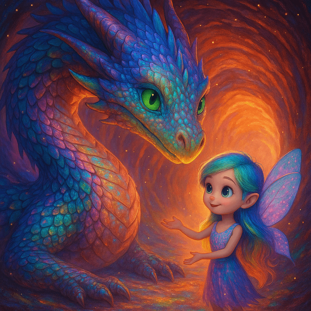 From the glowing depths, a shape unfurled—a dragon, vast and shimmering, scales rippling with the colors of dawn. His eyes, the green of new grass, blinked at Mila with a mixture of hope and worry.