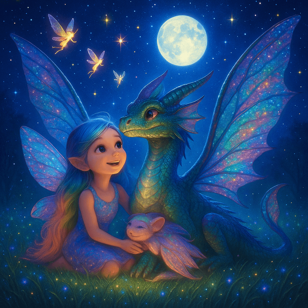 When they emerged into the moonlit meadow, the grass sparkled with dew. The dragon’s eyes widened at the open sky and the gentle night breeze.
