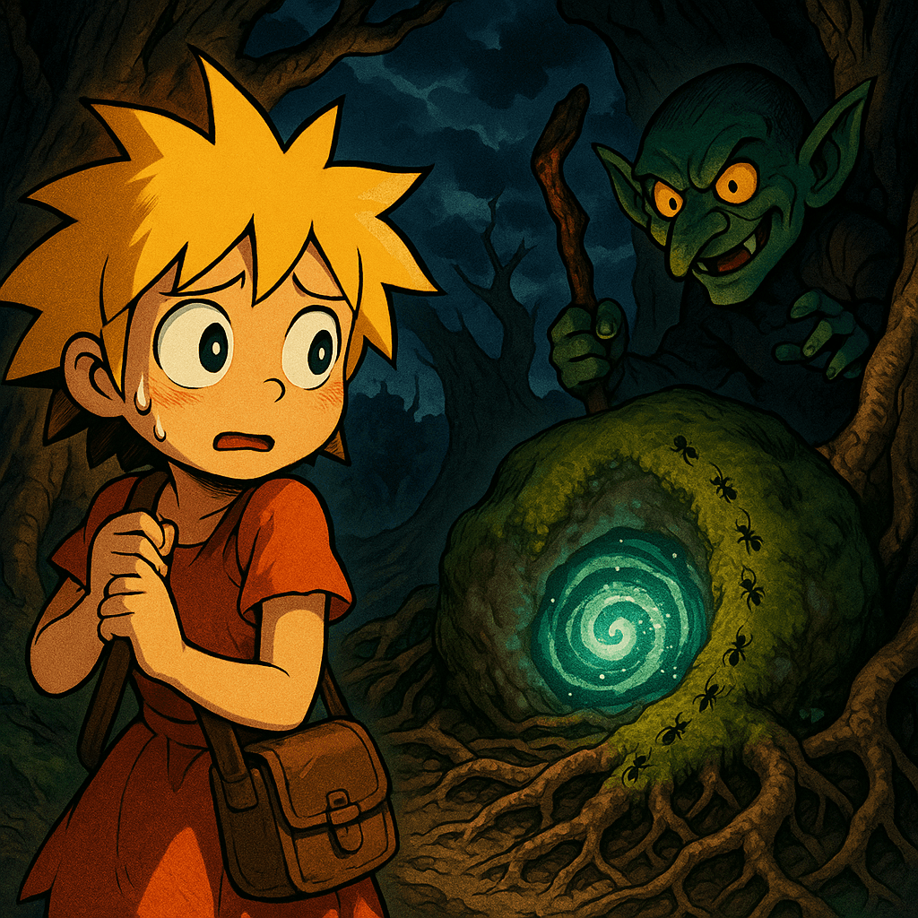 Before she could step through, a mischievous goblin suddenly emerged from behind a twisted tree. His eyes gleamed with mischief, and a crooked grin stretched across his face.