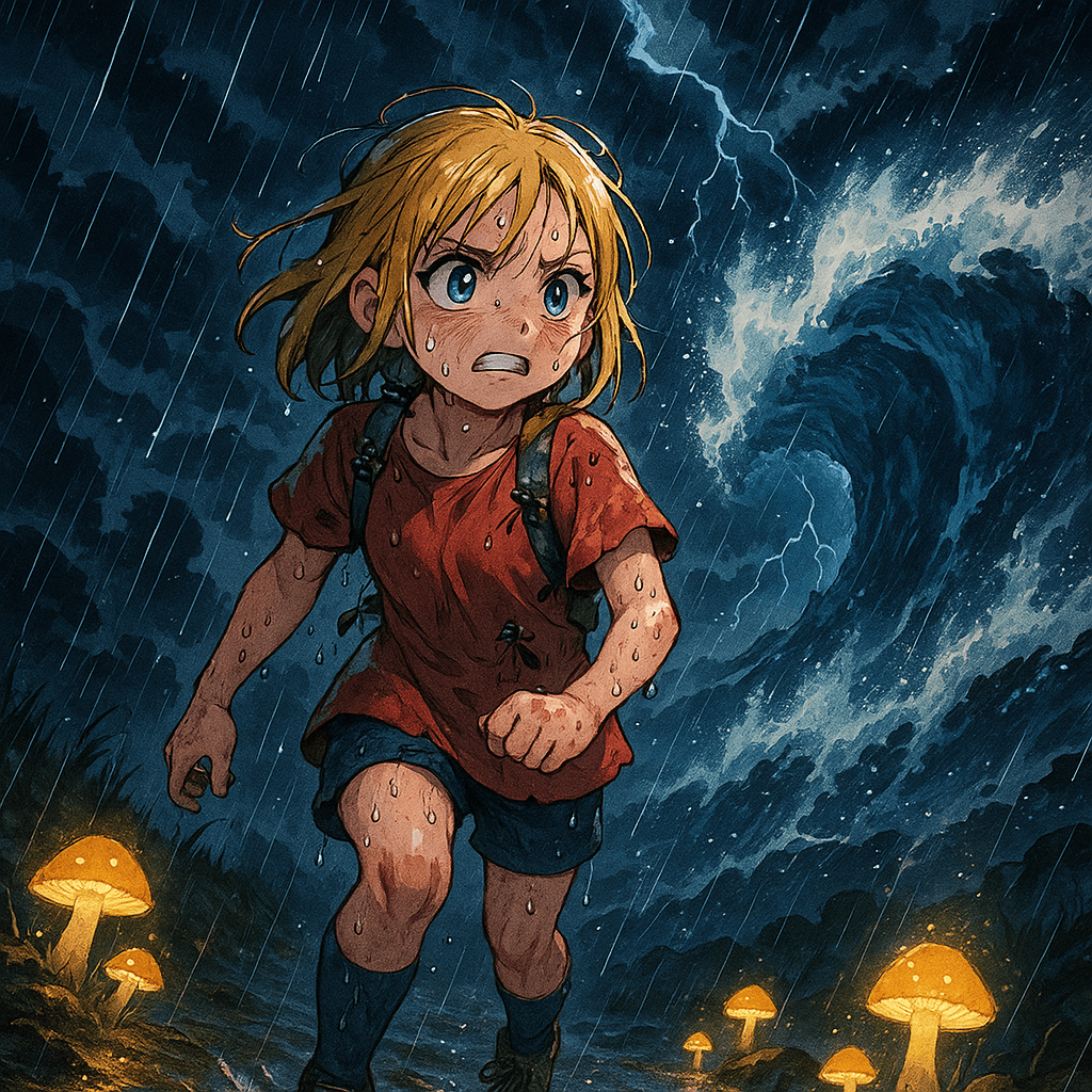 With a gasp, Lisa braced herself against the rushing storm. The ants hurried to her side, their tiny bodies vibrating with urgency.