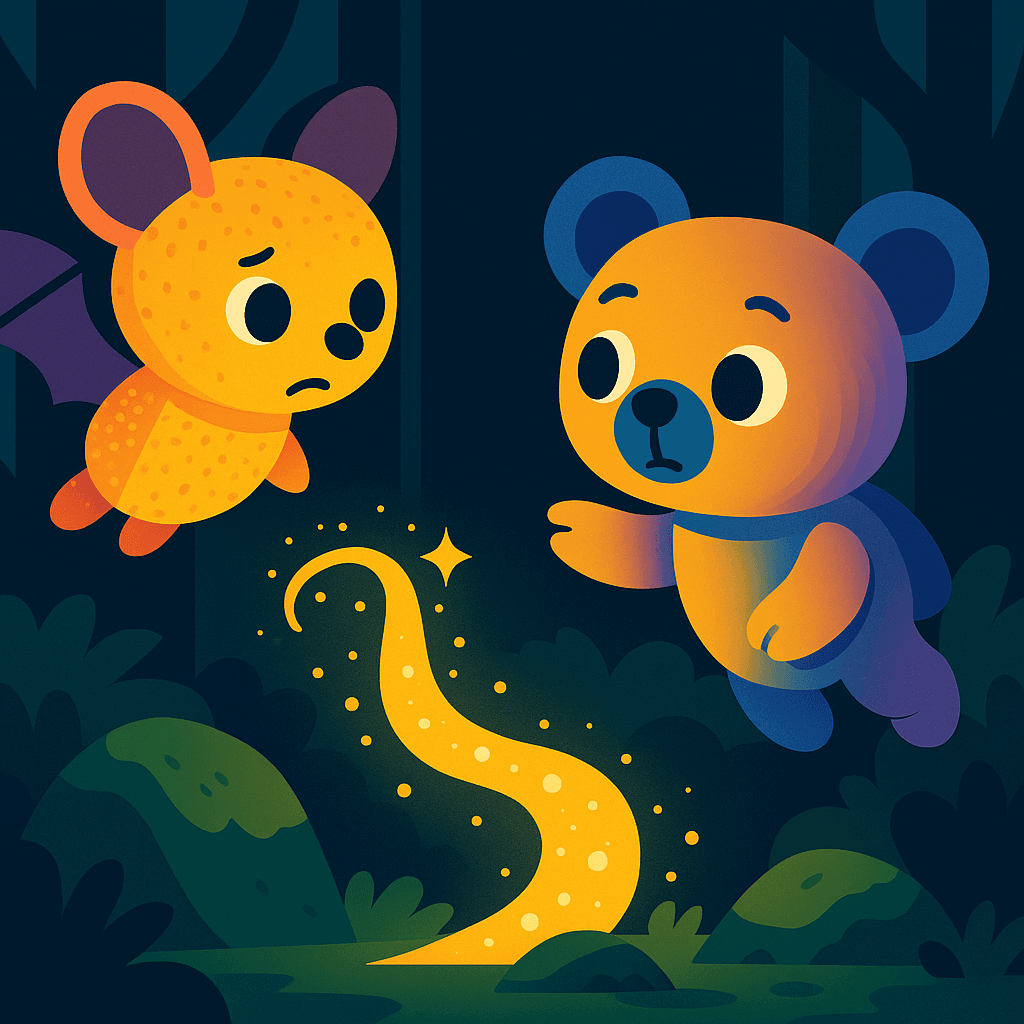 The shimmer pulsed, lighting a patch of mushrooms or painting a strange symbol on a tree. Once, Bätty paused to listen—a hush, then a soft hoot, as if the trees themselves were guiding them.