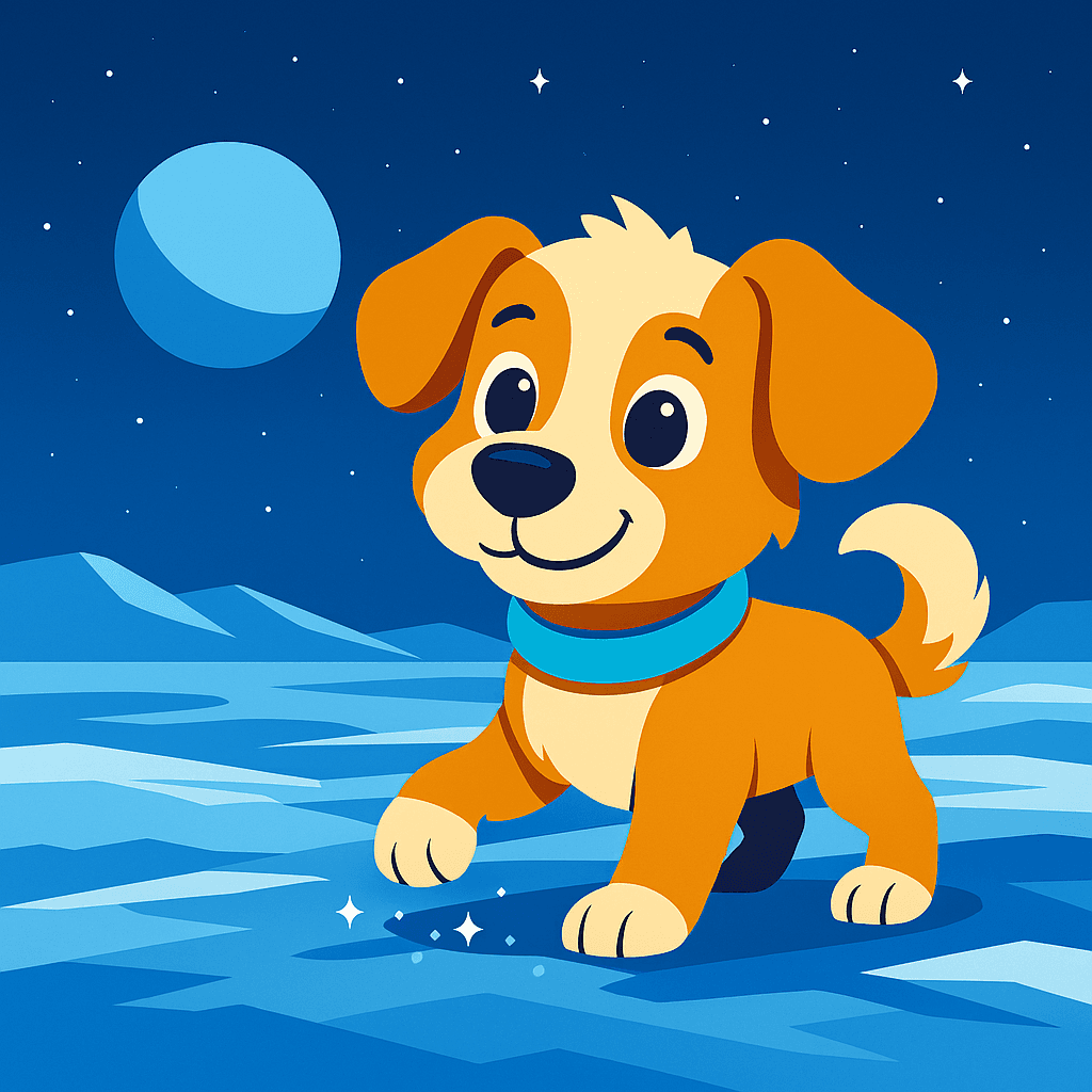 Max's paws crunched softly on Pluto’s glittering frost, each breath puffing a tiny cloud in the thin, cold air. The shimmering light he’d followed danced ahead.