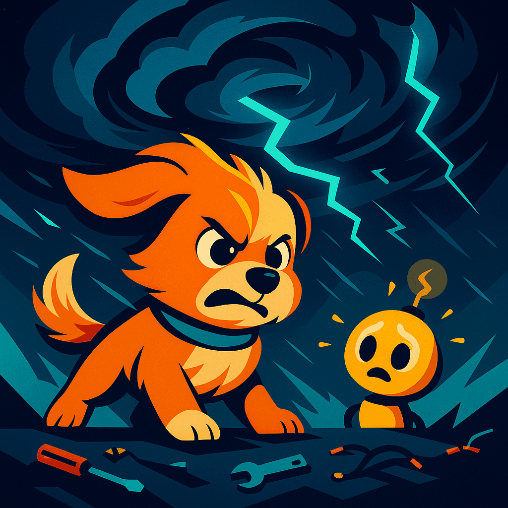 A cosmic storm! Icy gusts whipped Max’s fur. Zilo’s glow flickered nervously. The toolbox tumbled away, scattering their hard-won repairs.