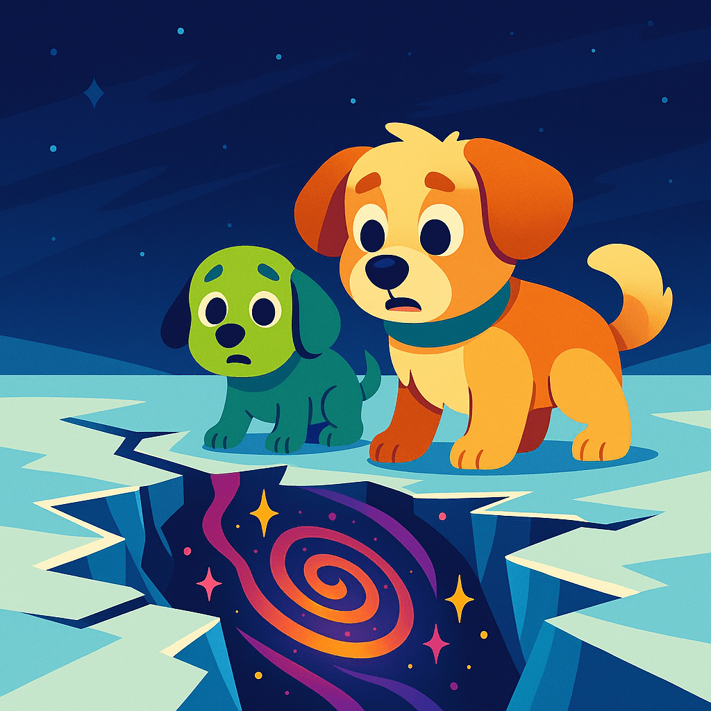 The storm had ripped open a crack in the icy surface, revealing a swirling cosmic rift below. It shimmered with unknown colors, humming with energy.