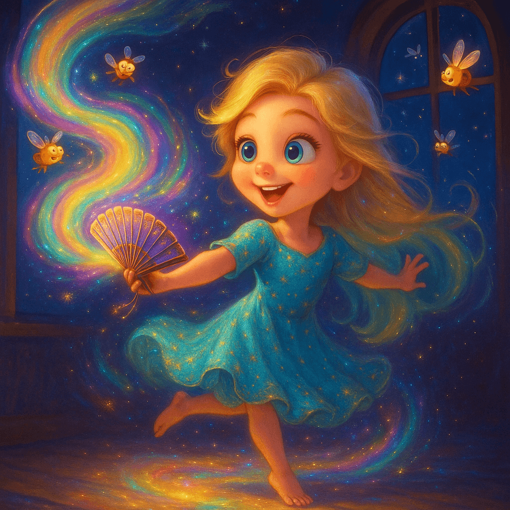 Elsa opened the fan with a snap and gave it a playful wave. A soft, magical breeze swept through the library, swirling around the flies.