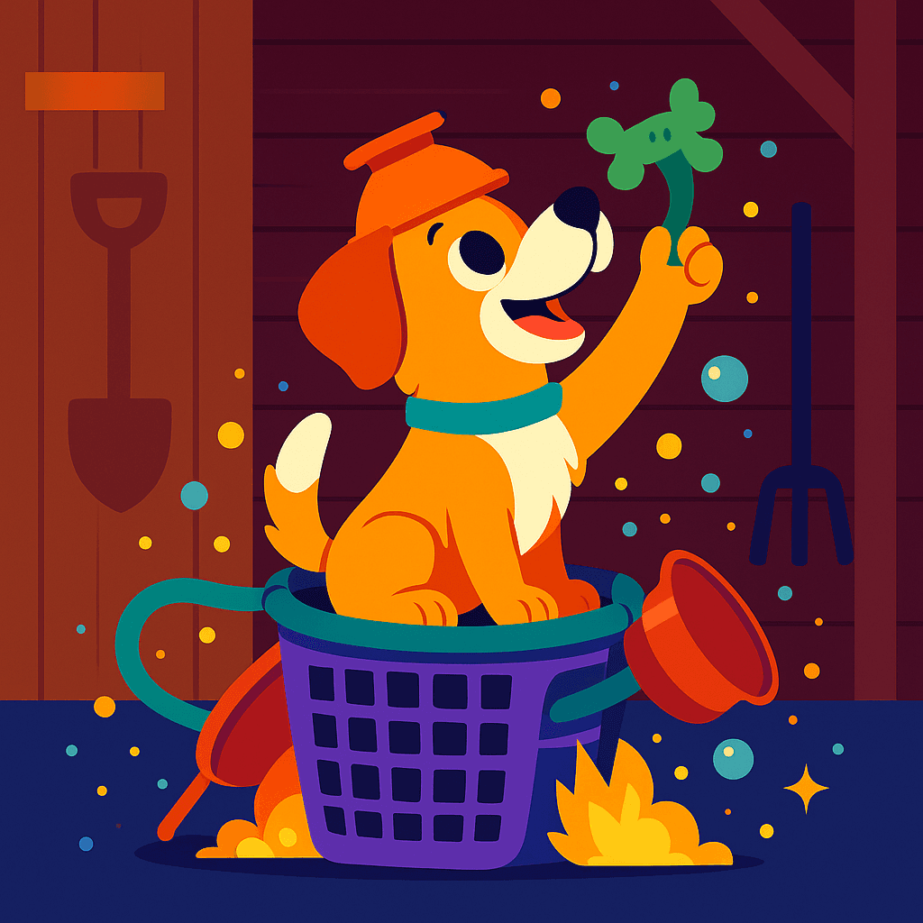 Max presses the launch button, and his homemade rocket blasts off with bubbles and glitter.