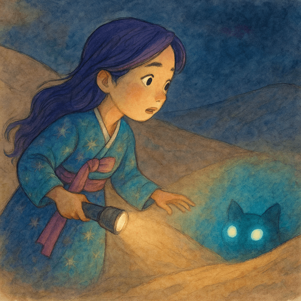 The shape shifted, and a pair of luminous eyes blinked at her from the darkness. Rumi’s breath caught. The creature—if it was a creature—did not run. Its eyes held hers, unblinking, as if weighing her soul.