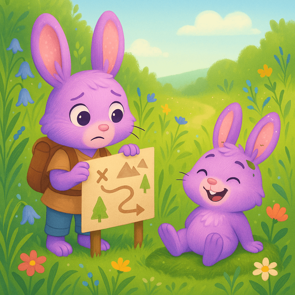 Lila consults the map in the tall meadow grass with Jamie giggling after slipping on moss.