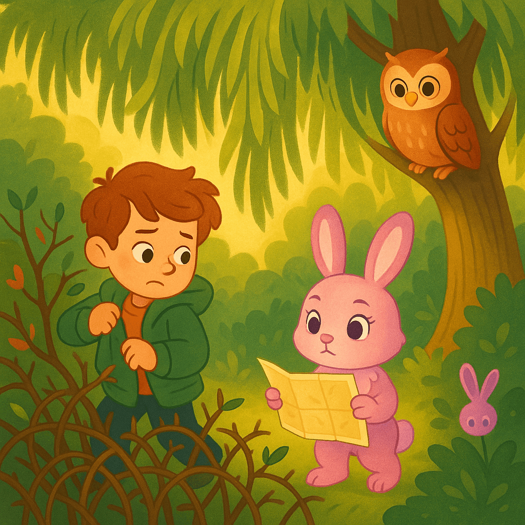 Lila and Jamie find the wise owl under the willow, with thorns and tangled branches around.