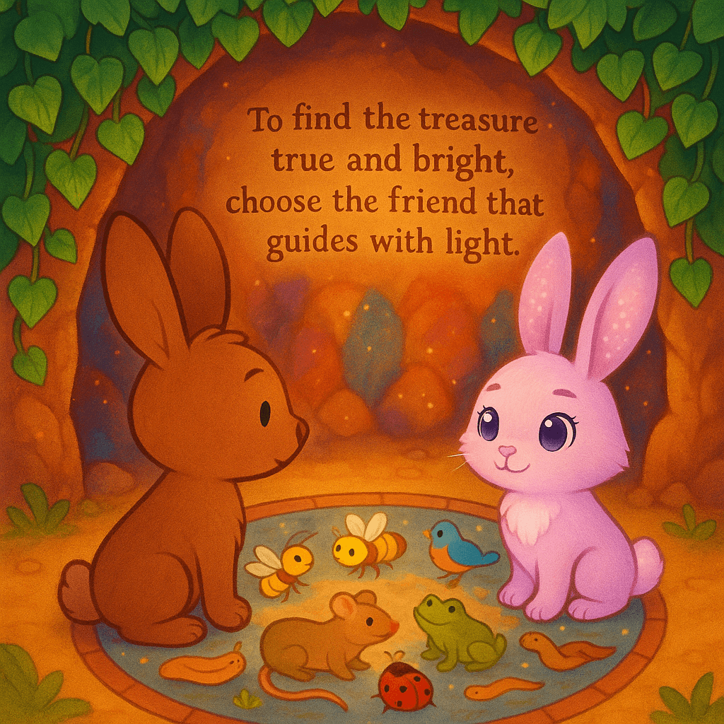 Lila and Jamie at the mosaic puzzle inside a shimmering cave, deciding which creature tile to press.