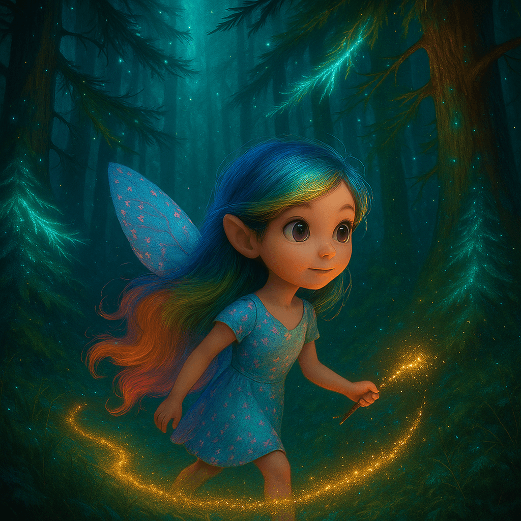 Mila pressed deeper into the forest, pine needles brushing her arms, the glittery trail gleaming through the gloom.
