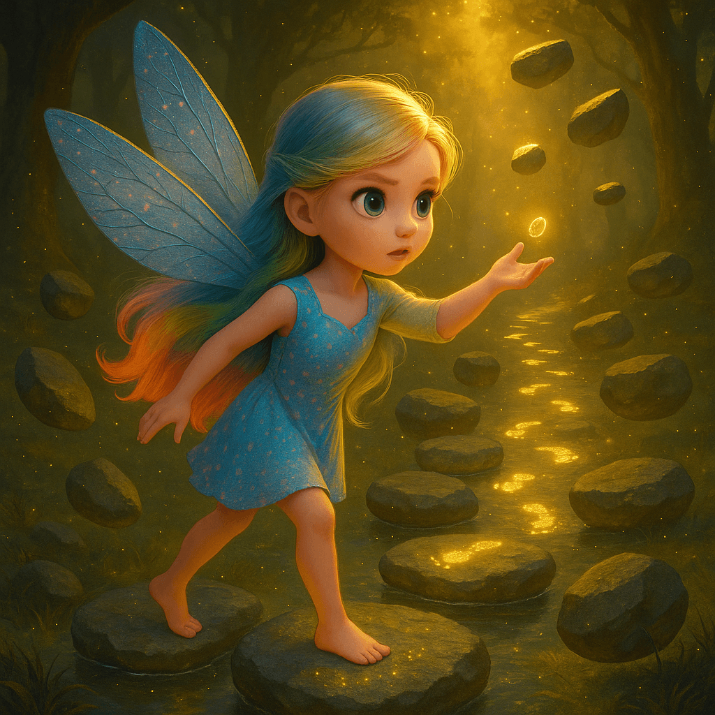 A ribbon of golden footprints lured them to a clearing, where stones floated in the air, bobbing gently as if caught in invisible currents.