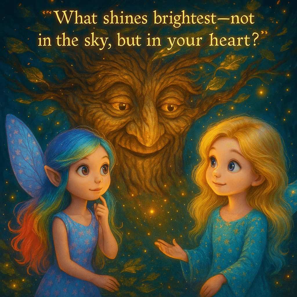 Ahead, a tree trunk twisted, its bark forming a face. The tree’s eyes opened, leaves rustling with speech. 'To pass, answer this: What shines brightest—not in the sky, but in your heart?'