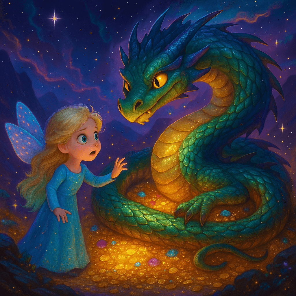 Ahead, a dragon, coiled atop their missing treasure, scales glimmering with mischief. 'I only wanted to see if your treasure sparkled as brightly as the stars,' he said.
