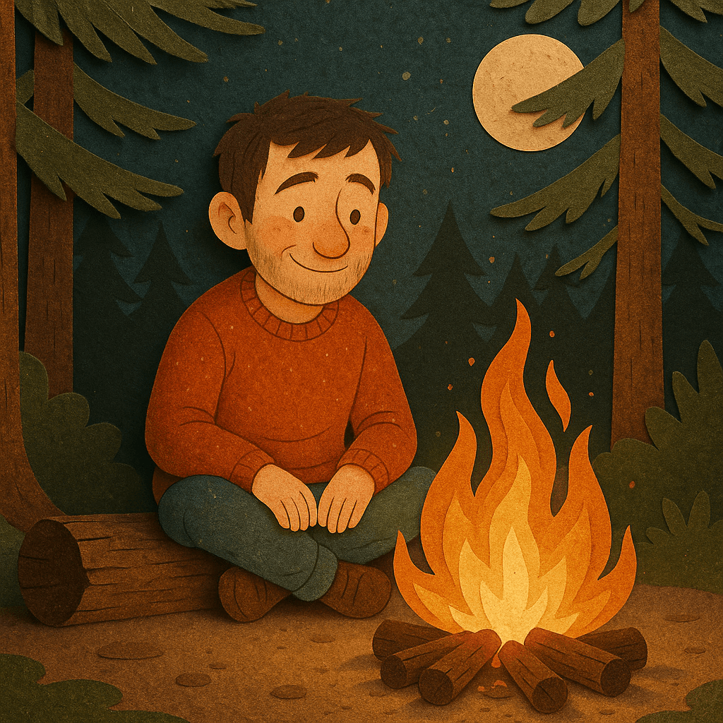 Mickey sitting cross-legged by the campfire, surrounded by pine trees under a moonlit sky.
