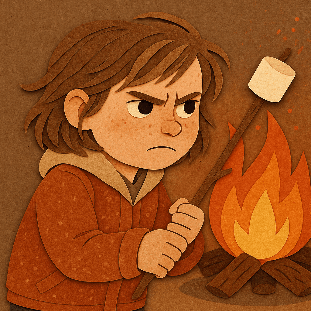 Hannah with a determined look, holding her stick with a marshmallow over the fire.