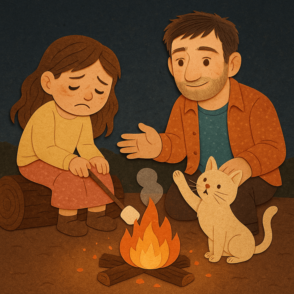 Hannah’s marshmallow falling into the fire, her shoulders slumped, as Mickey and Meow Meow react gently.