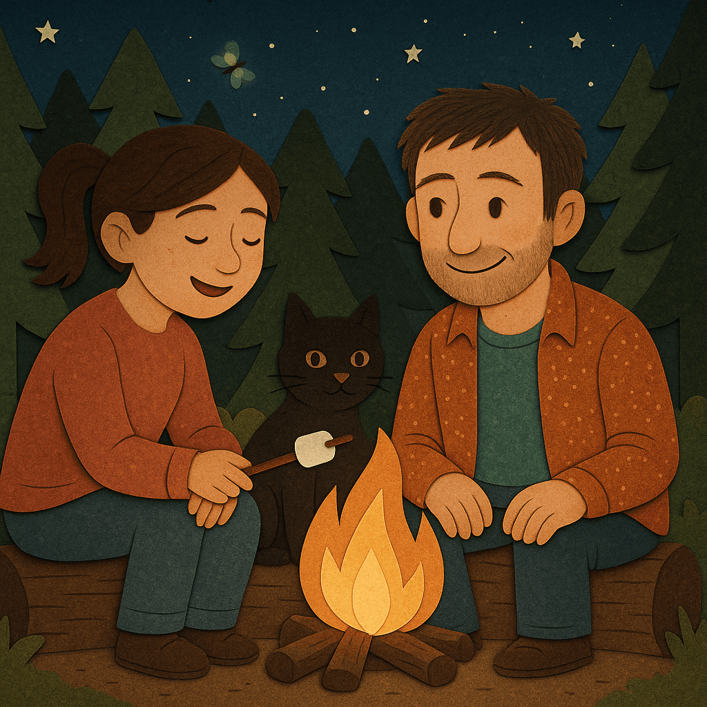 The friends sharing a quiet moment, roasting marshmallows together, filled with warmth and friendship.