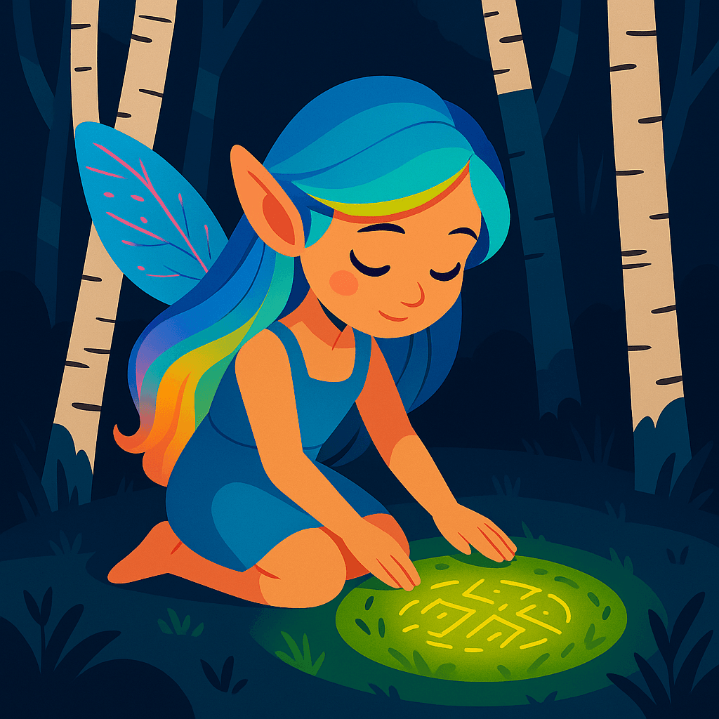 She followed the sound to a circle of birches, their white bark glowing in the filtered light. At the center, the moss was unnaturally lush, almost luminescent.