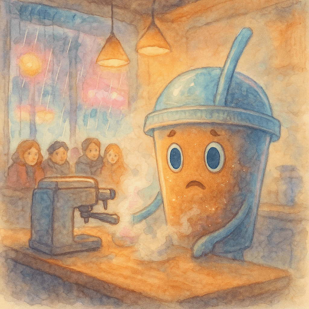 Rain lashed the café windows, blurring neon signs into watery streaks. Inside, the warm glow of pendant lights flickered as thunder rumbled, but the café’s heart—its people—remained in the golden circle of Mr. Coffee’s domain.