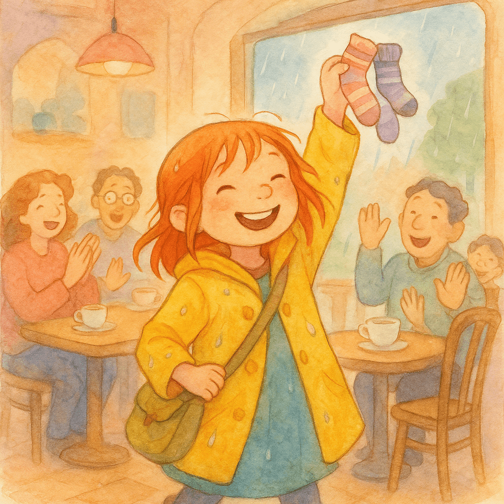 A sharp knock rattled the door. Startled, Mr. Coffee almost let a plume of steam escape, but a quick breath steadied him. The door creaked open to reveal Lily, rain-soaked and grinning, her backpack askew, holding up a mismatched bundle.