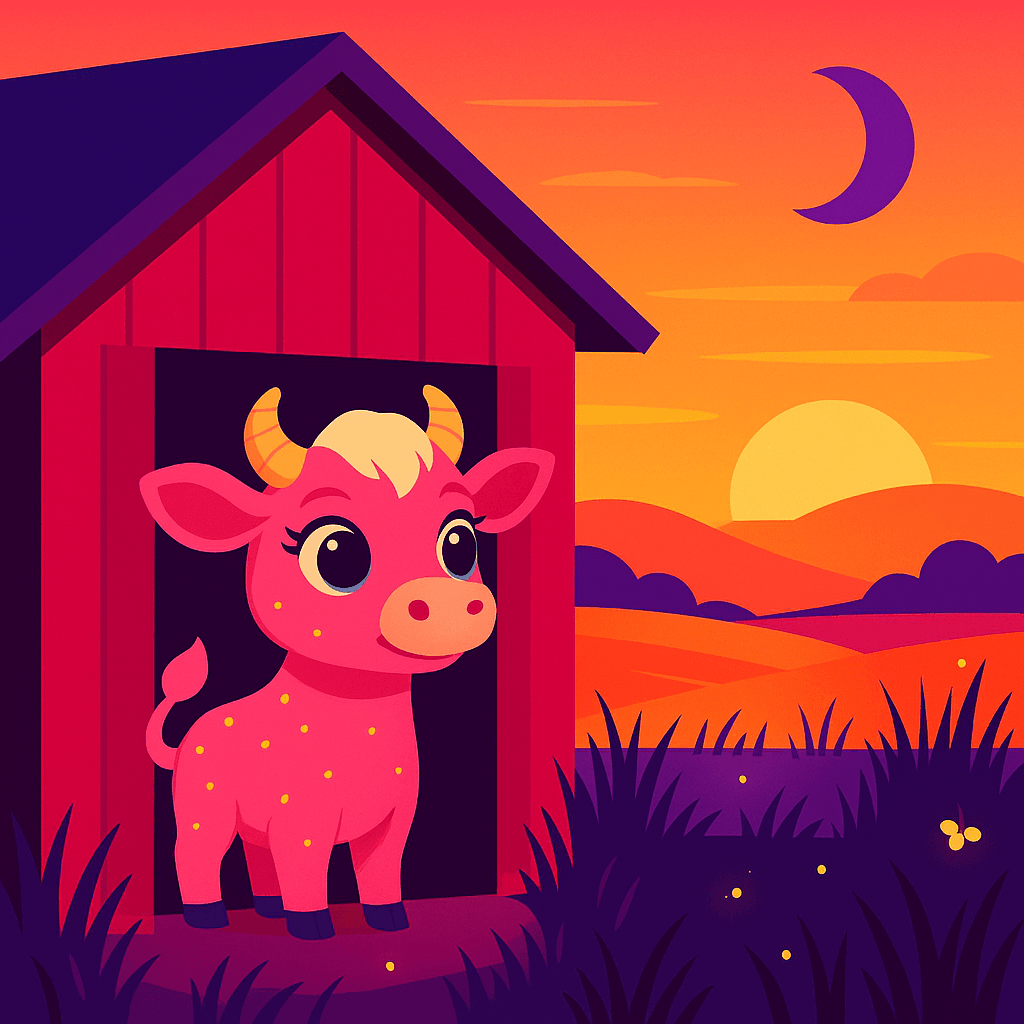 Rosalina Pinkhorn at the barn door, gazing over fields as the sun sets, fireflies flickering in the soft moonlight.