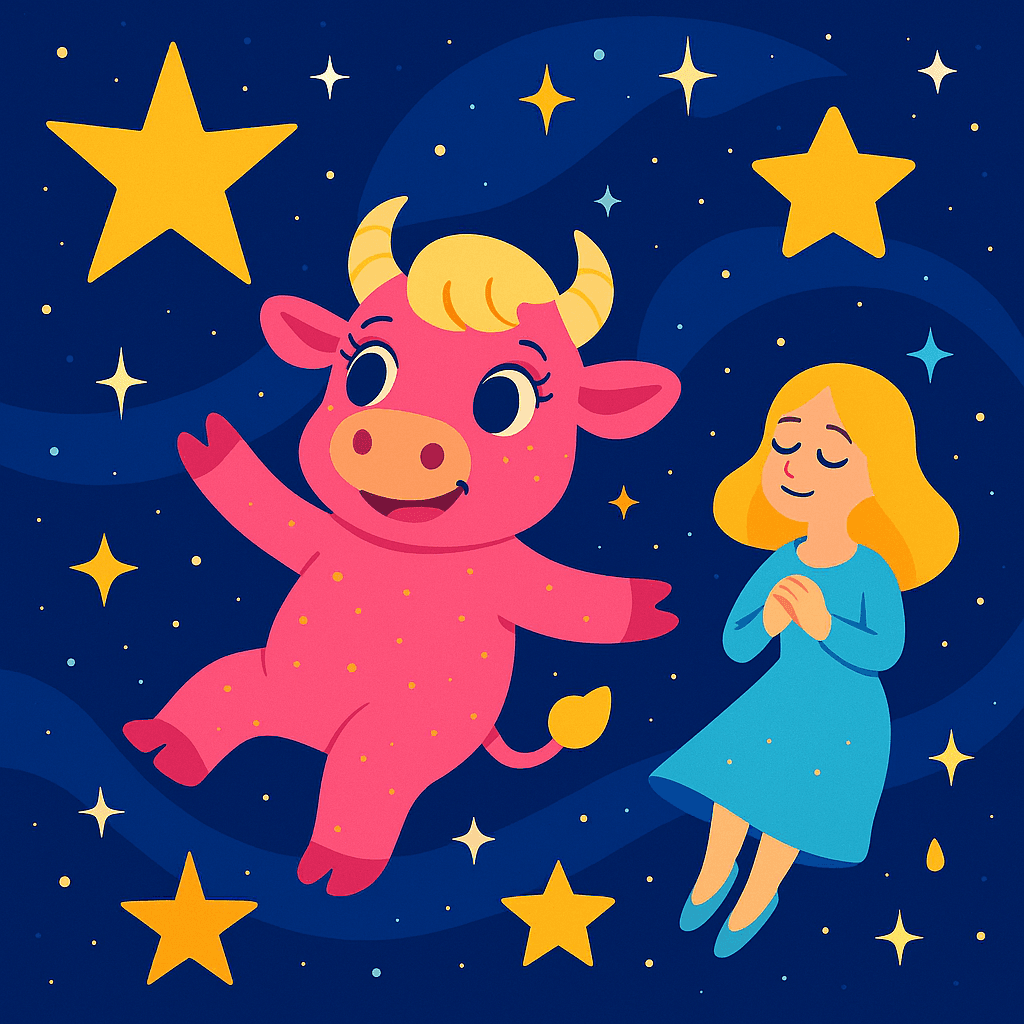 Rosalina imagining herself floating among painted stars in the dark sky, dreamy and magical.