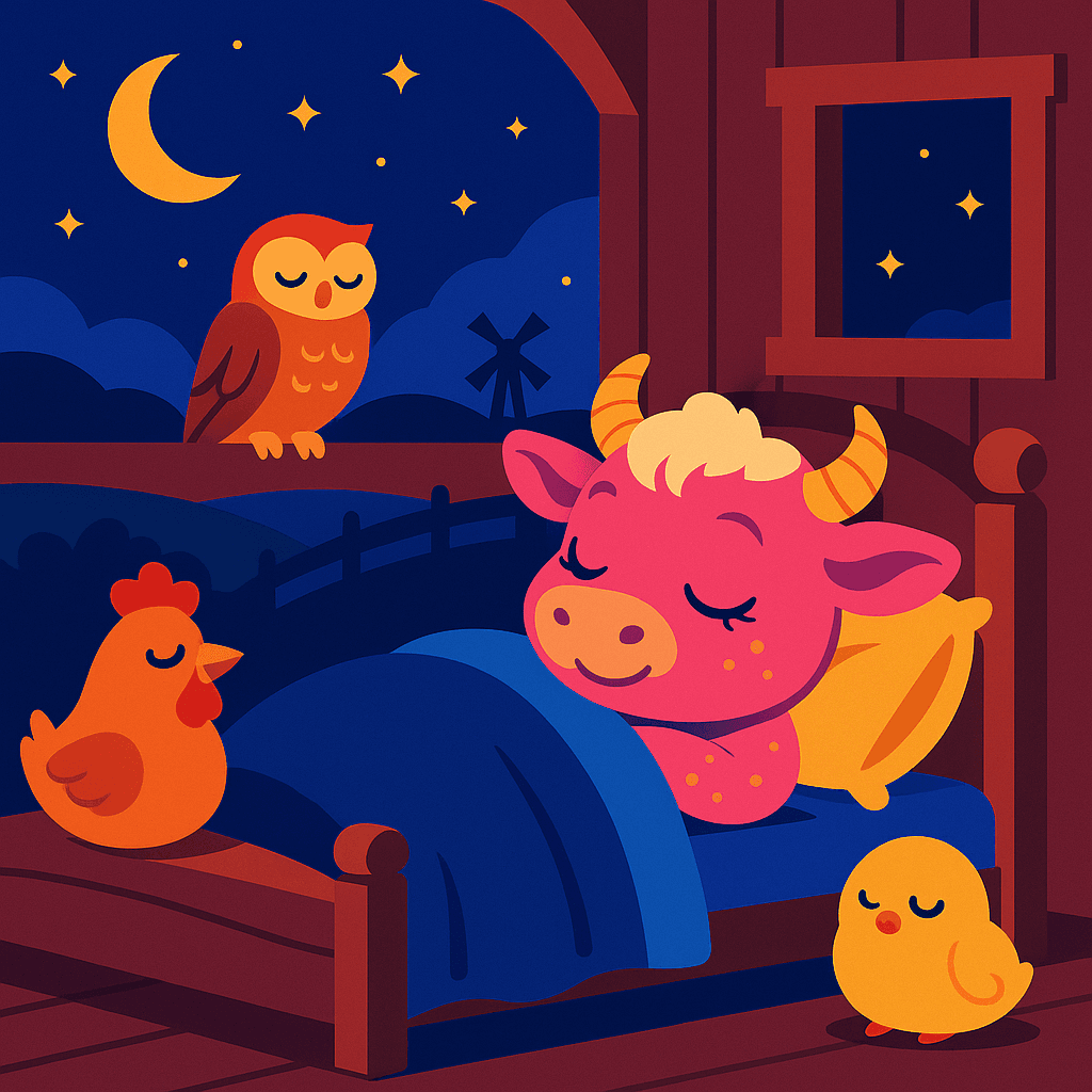 Rosalina sleeping peacefully, surrounded by her friends as the farm is quiet and calm at night.
