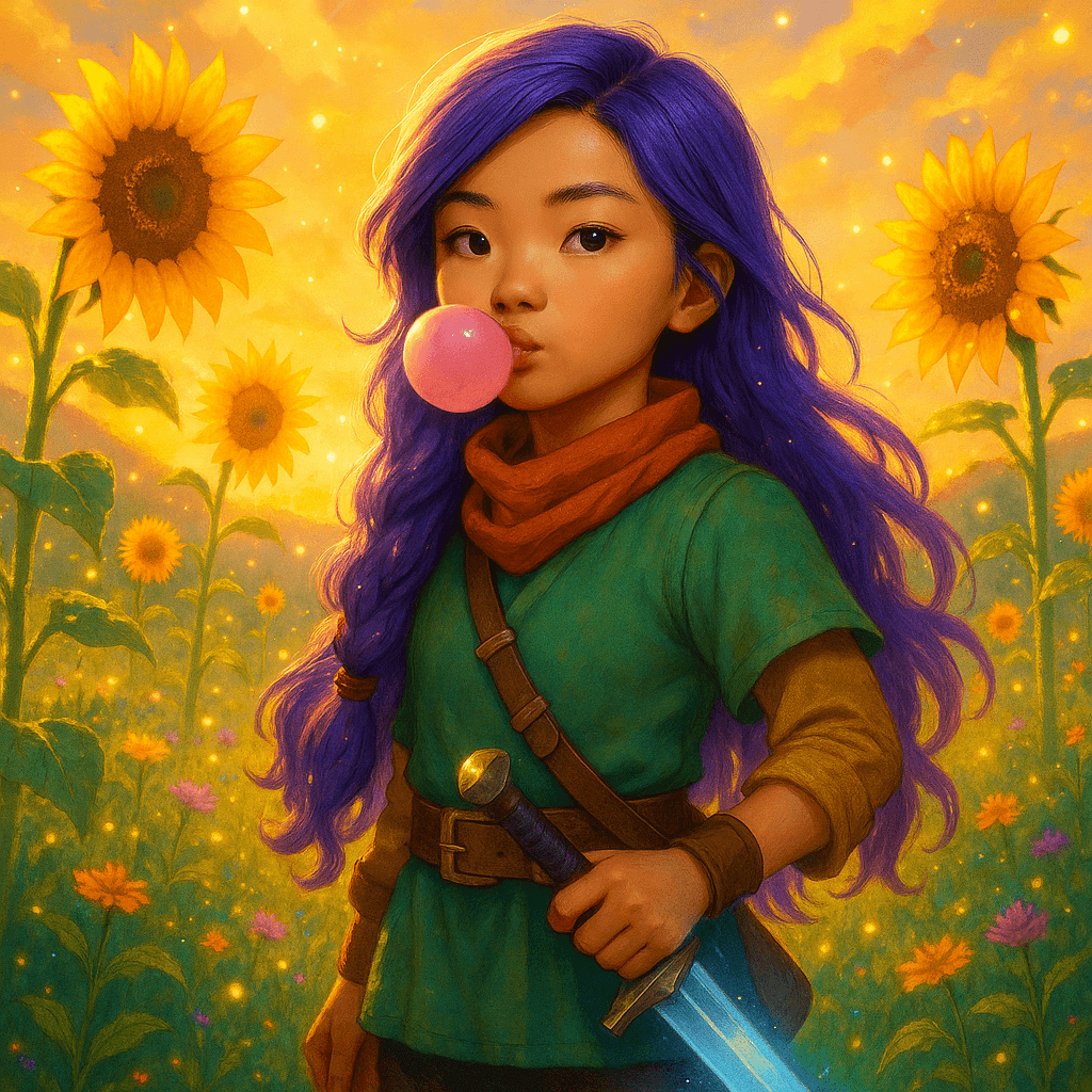 Sunlight spilled gold across the rolling meadow, painting Rumi’s boots in warm, shifting patterns as she wandered among tall sunflowers.