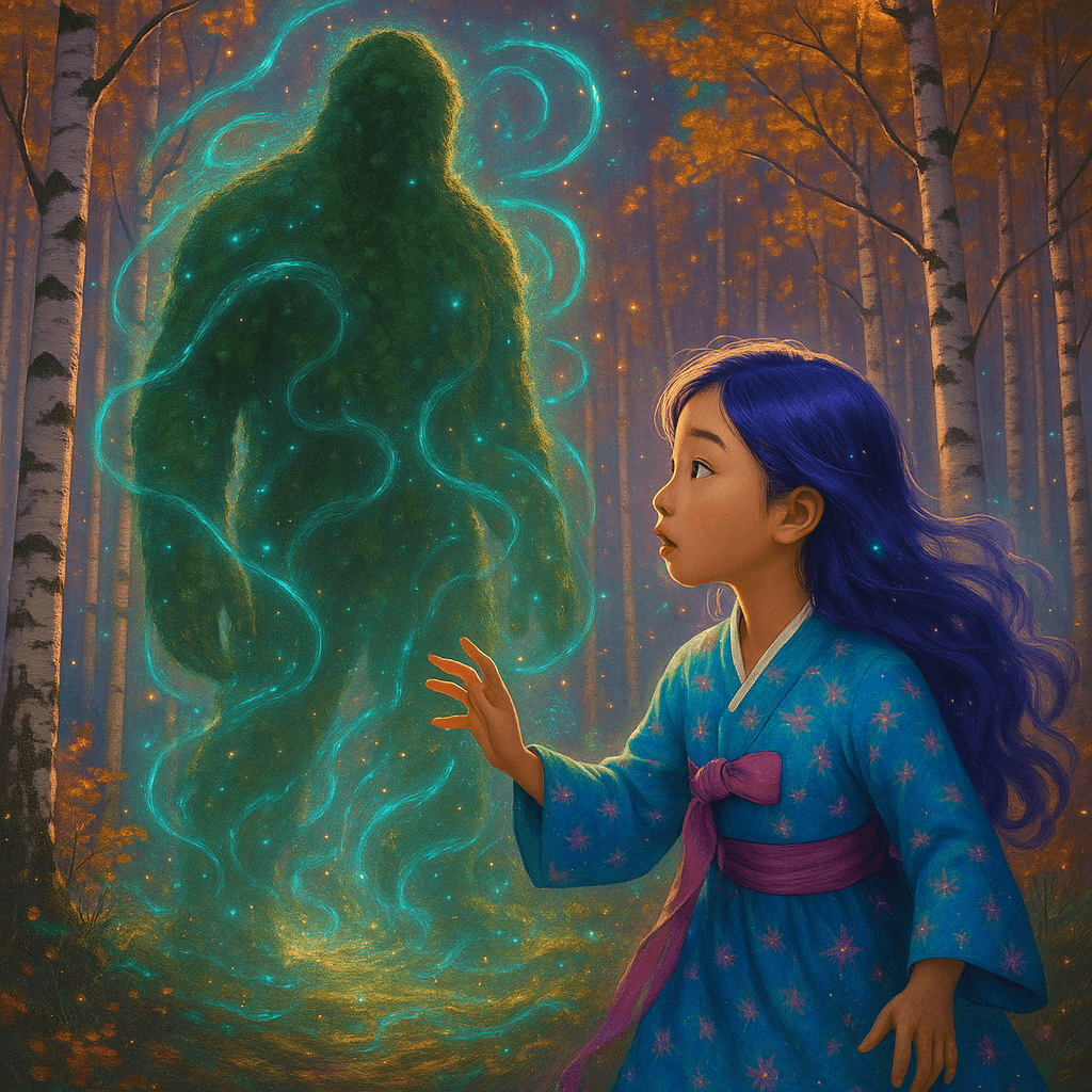 Beyond the ring of birch trees, a giant shape loomed, flickering shadows, too tall to be a deer or bear, its air rippling with magic.