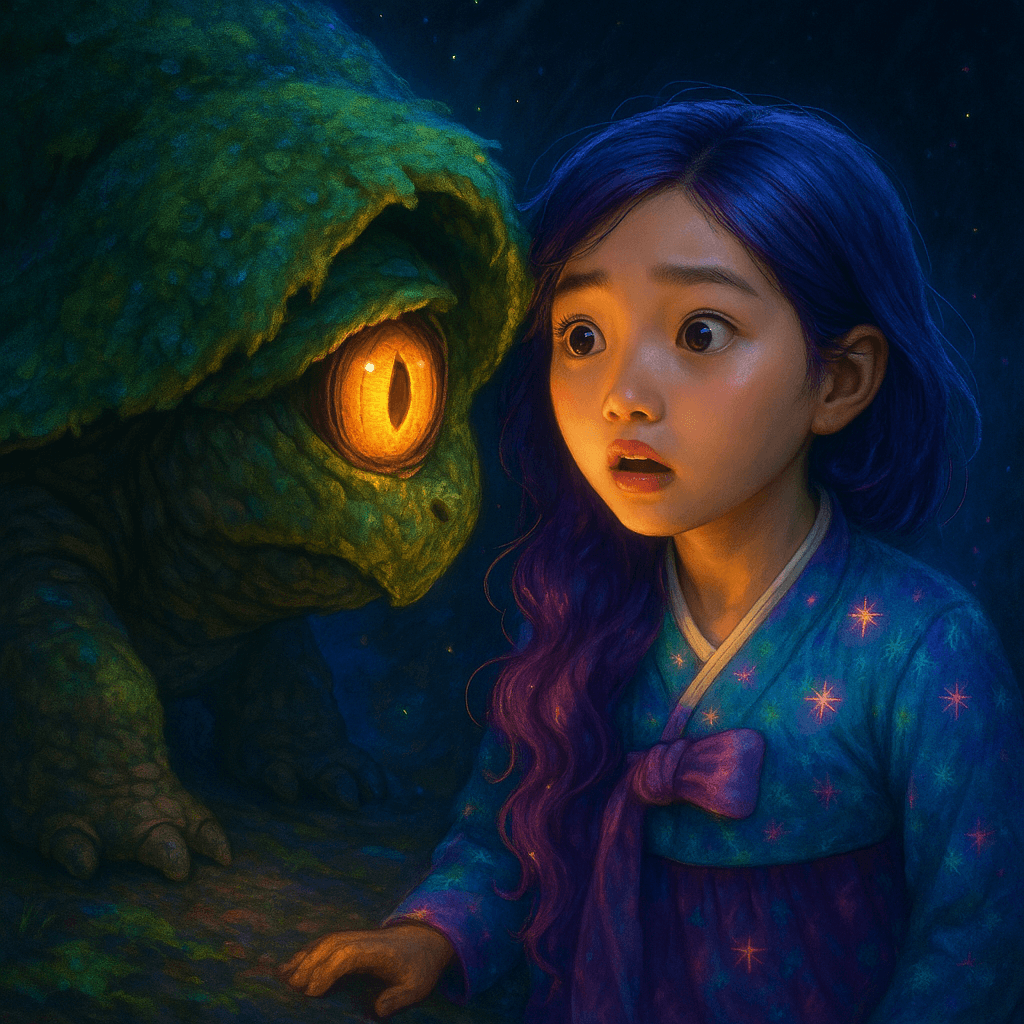 The shape shuddered, revealing a huge, blinking amber eye. The moss peeled back, showing an ancient creature hidden beneath.