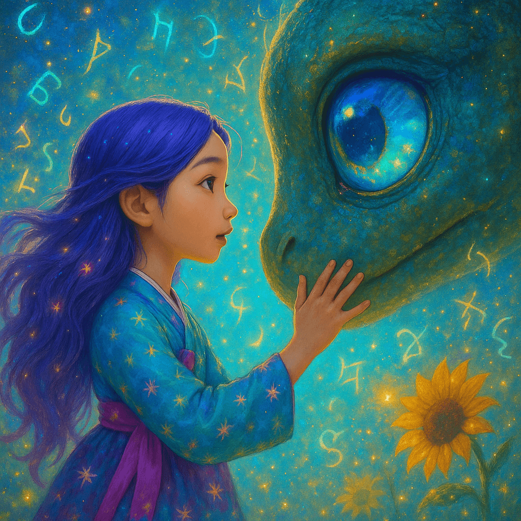 Rumi reached out a tentative hand, her heart pounding, as the creature seemed to invite her nearer with a gentle head tilt, bathed in magical light.