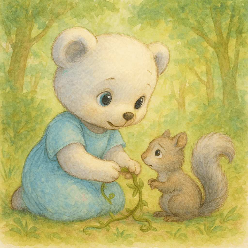 Pushing aside the leaves, she discovered a tiny squirrel with a bushy silver tail. The squirrel looked up with wide, worried eyes—its little paw was tangled in a vine.
