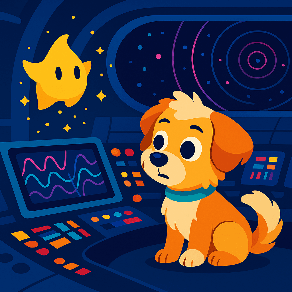 Luma hovers, sending light motes while Max studies the sensor readouts of musical signals from the veil, capturing their curiosity.