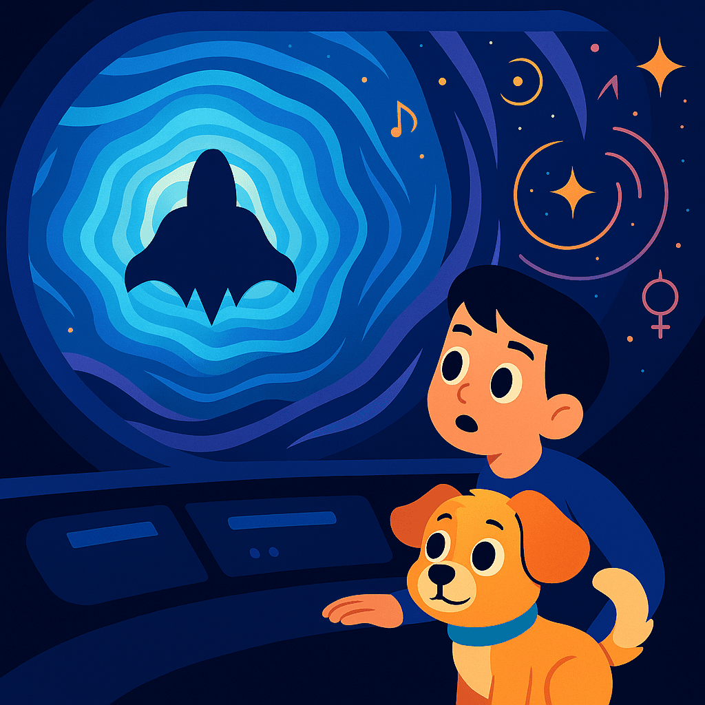 A shadowy shape forms in the veil, with the ship’s lights dimmed and the strange song growing louder, hinting at new mysteries awaiting beyond.