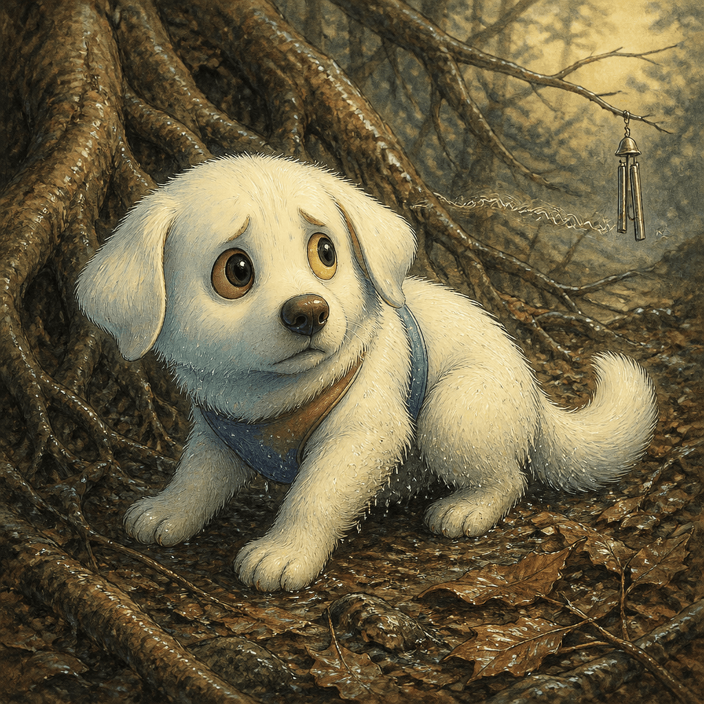 Miran crouched near the roots that had tangled the ground. The air smelled of wet bark and old leaves. Somewhere above, a branch creaked, and the sound that followed—soft, metallic, and gentle—made the hair on his arms lift.