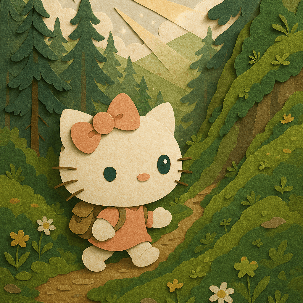 Kitty climbing higher up the mountain, exploring the winding path among moss, wildflowers, and pine trees.