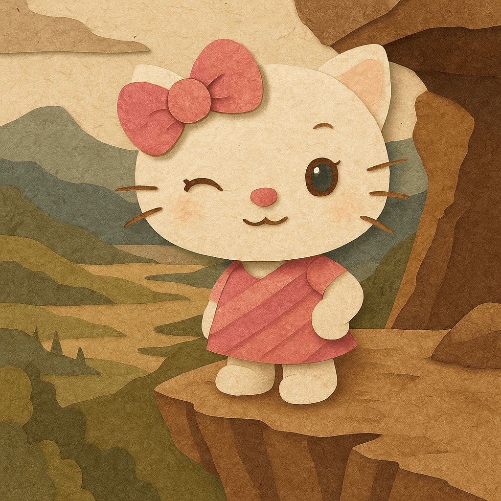 Kitty reaching a rocky ledge, peering over to see the valley below, feeling proud and amazed.