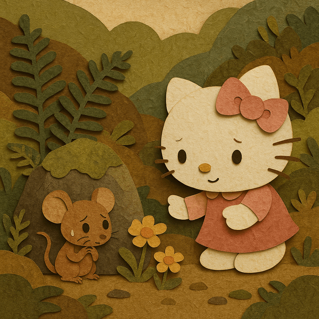 Kitty discovering the mouse hiding in the shade, showing concern and kindness.