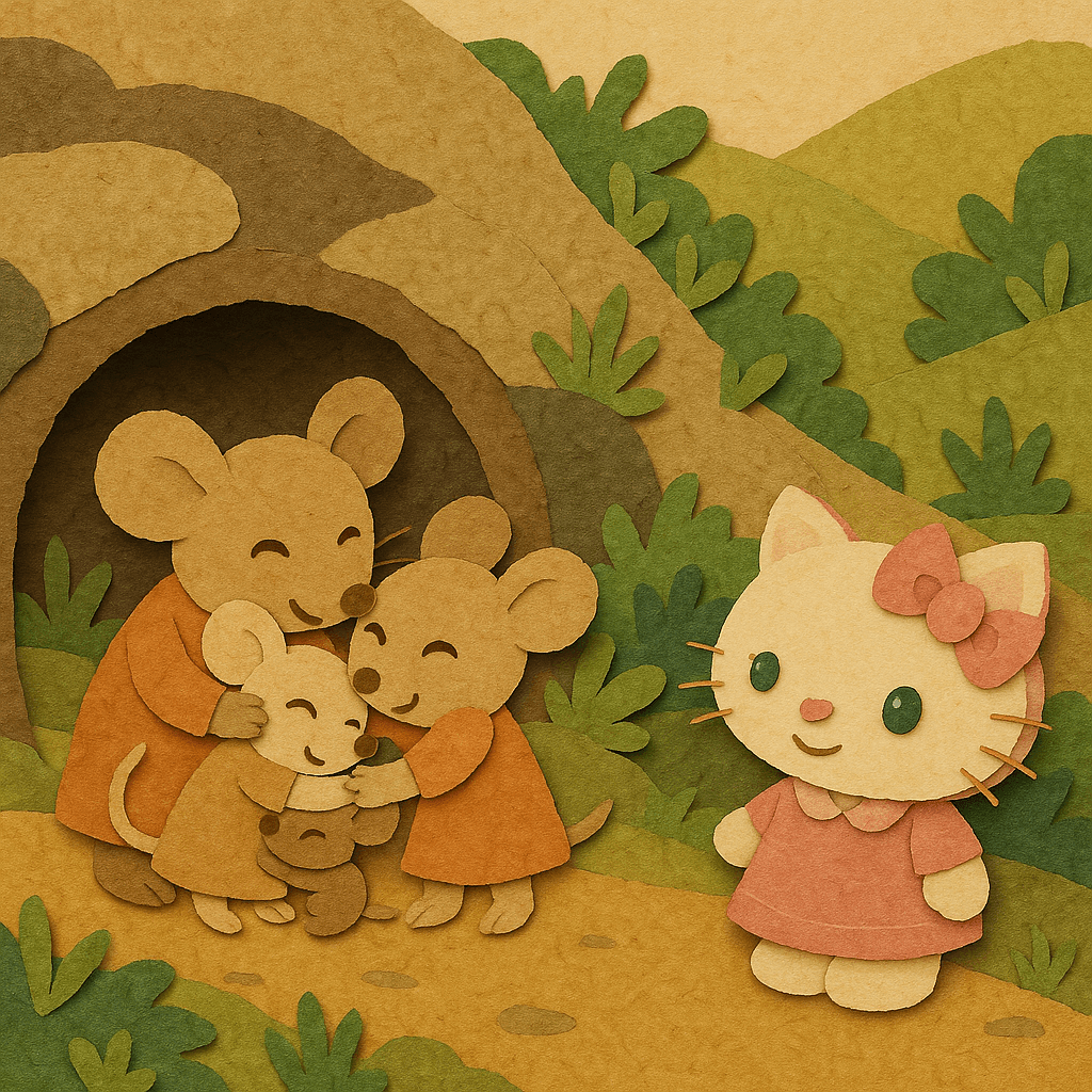 The mouse family reunited in the burrow, with Kitty feeling warm and happy.