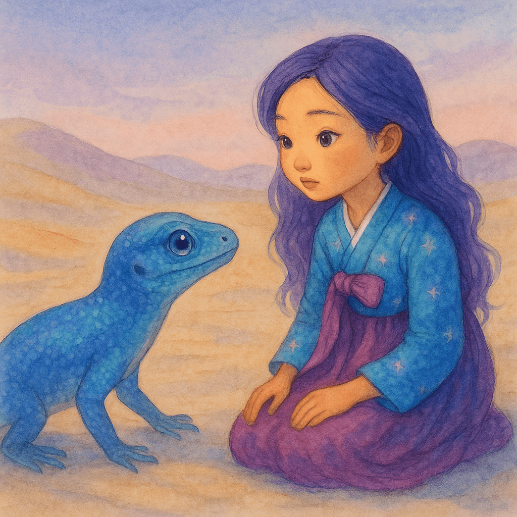 Rumi’s breath caught as the luminous-eyed creature stepped forward—a lizard, small and slender, its scales shimmering with sapphire light.