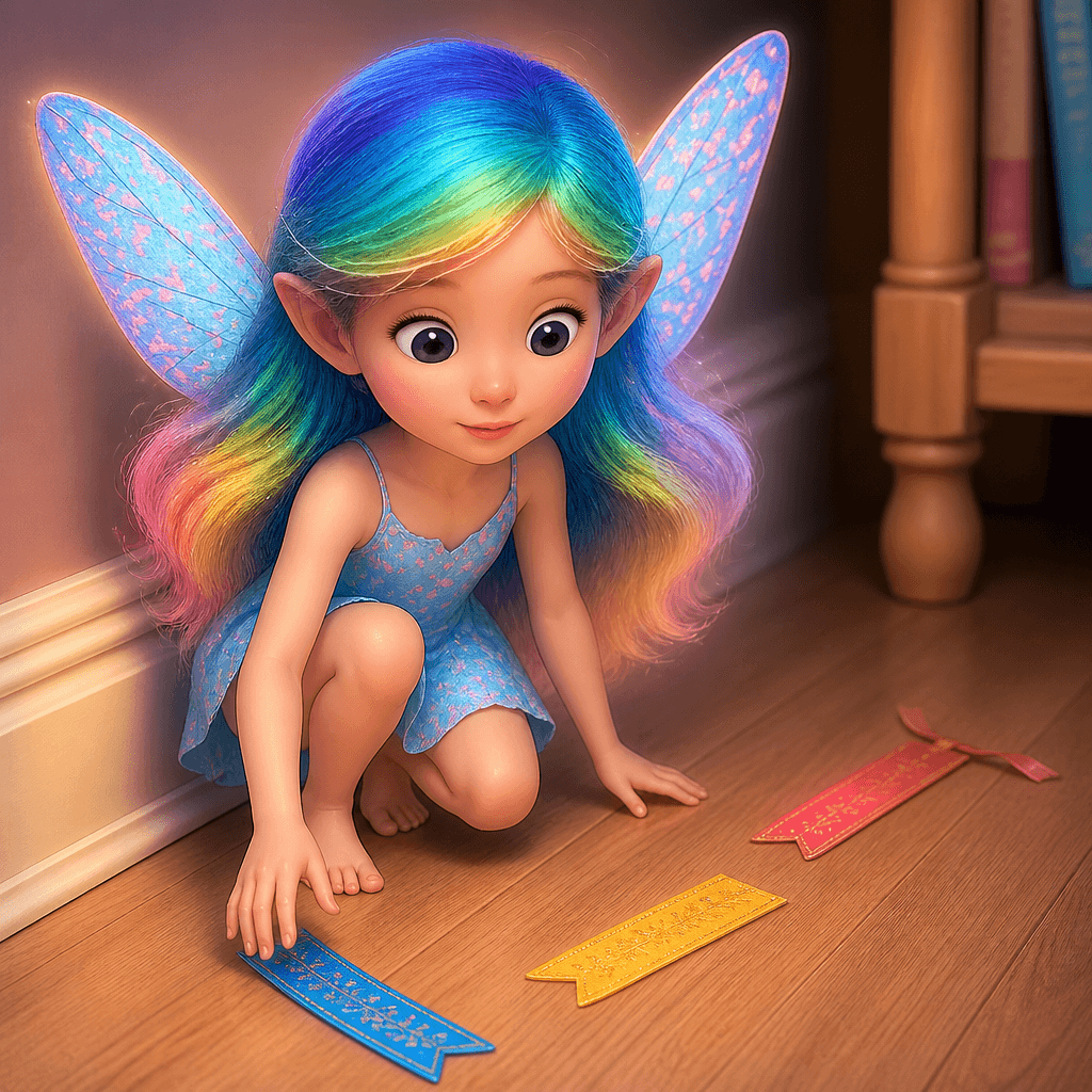 “Near the baseboard, colorful bookmarks had fallen in a loose trail—blue, yellow, and a bright red one that looked almost like a ribbon.”