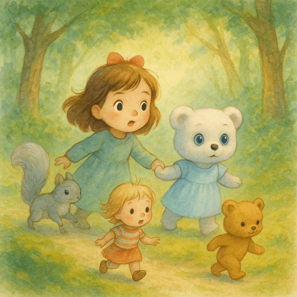Lena and her friends hurried toward the voice calling for help through the sun-dappled forest.