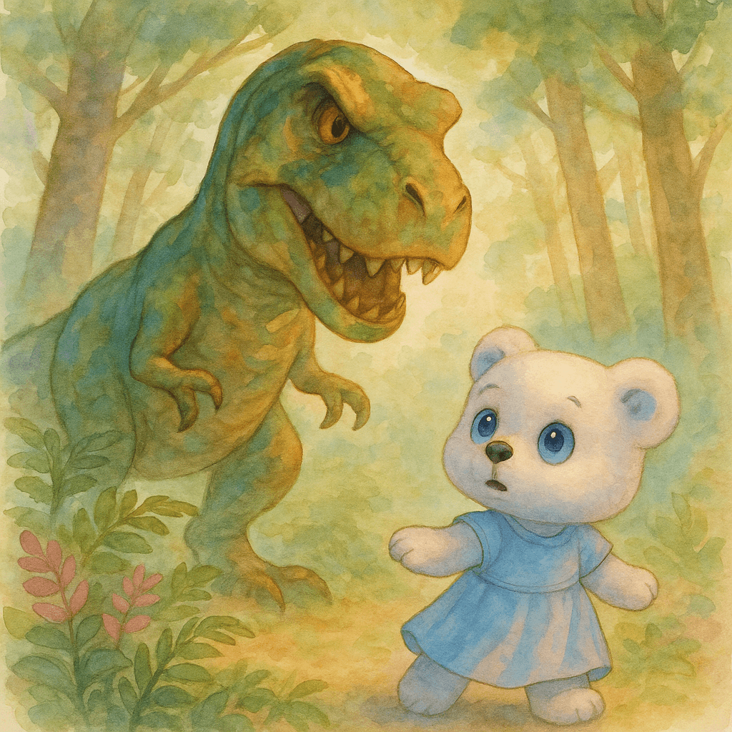 A giant T-Rex emerges from behind ferns, filling the scene with awe and a hint of fear.