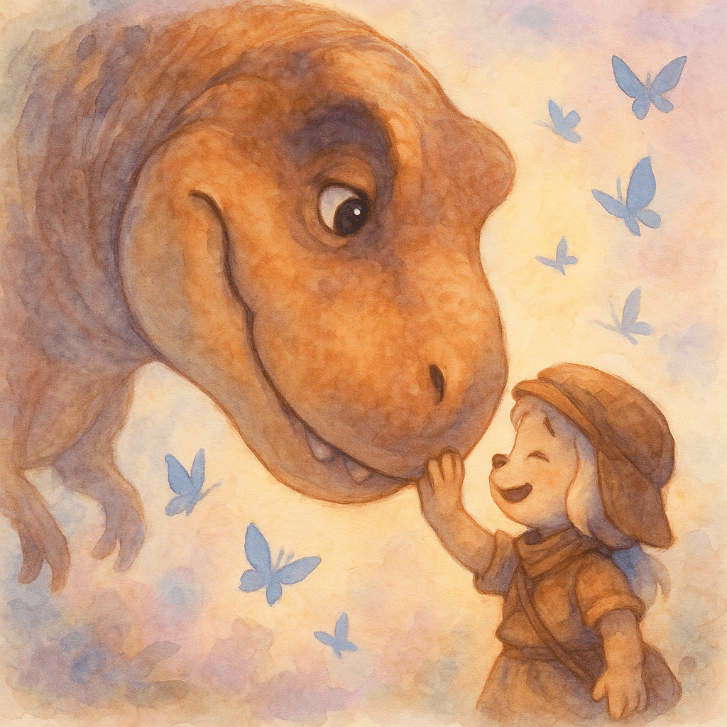 The T-Rex gently smiles and introduces itself, showing a surprising kindness.