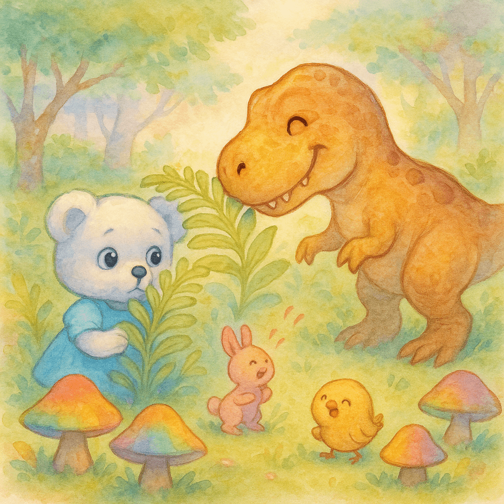 Lena and her friends play hide-and-seek with the T-Rex in a magical, chime-filled glade.