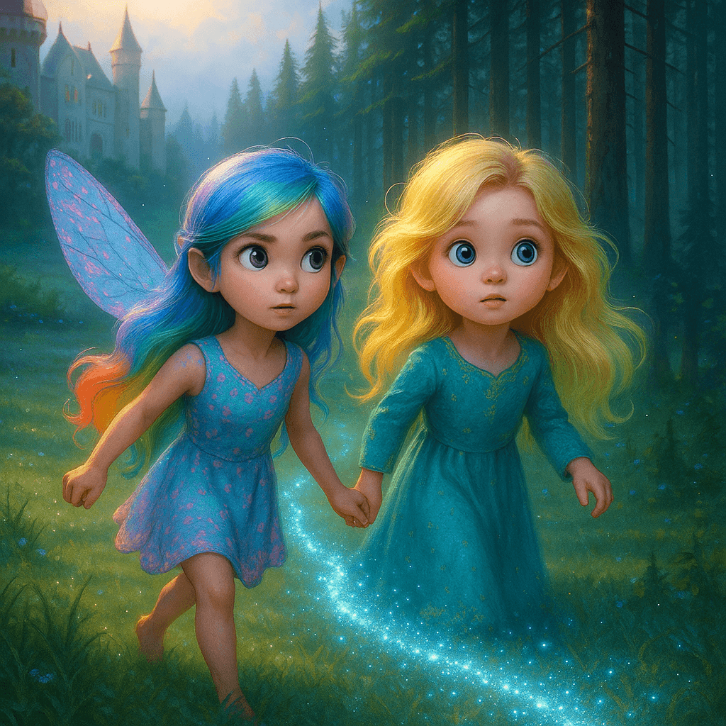 They followed the glitter, through the winding corridor and out into the pale morning air. The trail shimmered across the castle lawn, over frost-damp grass, and vanished into the tangled shadows of the mountain forest.