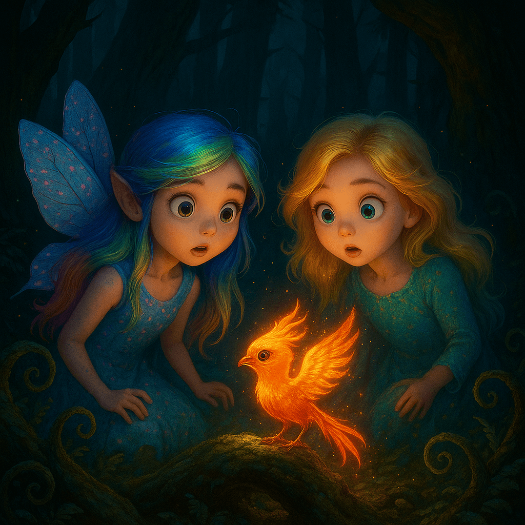 A sudden flash sparked between the roots ahead. Mila gasped as something tiny darted from behind a boulder, trailing a plume of red-gold feathers. It was a bird—no, not quite a bird. Flames licked its wings, and its eyes glowed like burning embers.