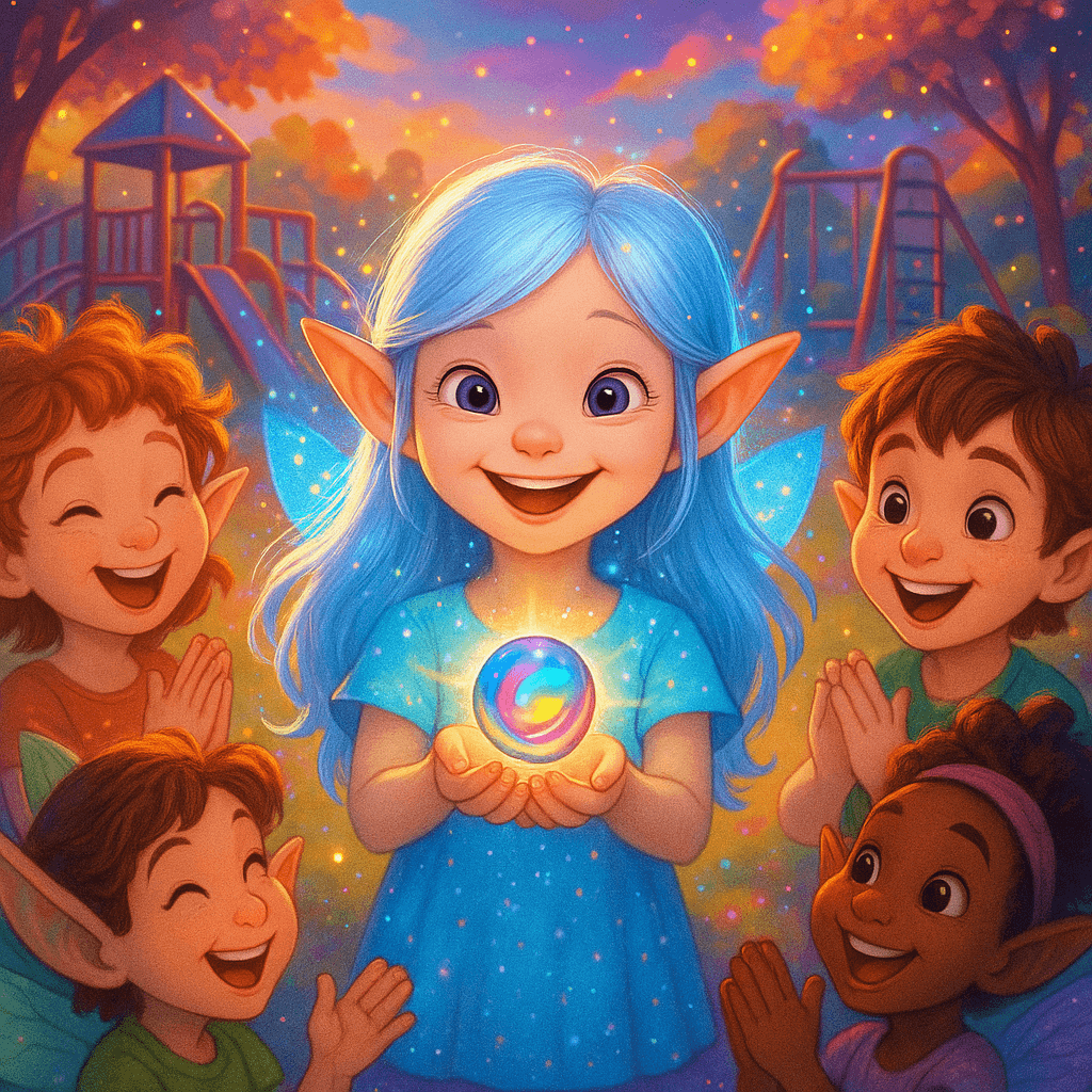 Luna returns with her pebble, smiling, her heart full of happiness.